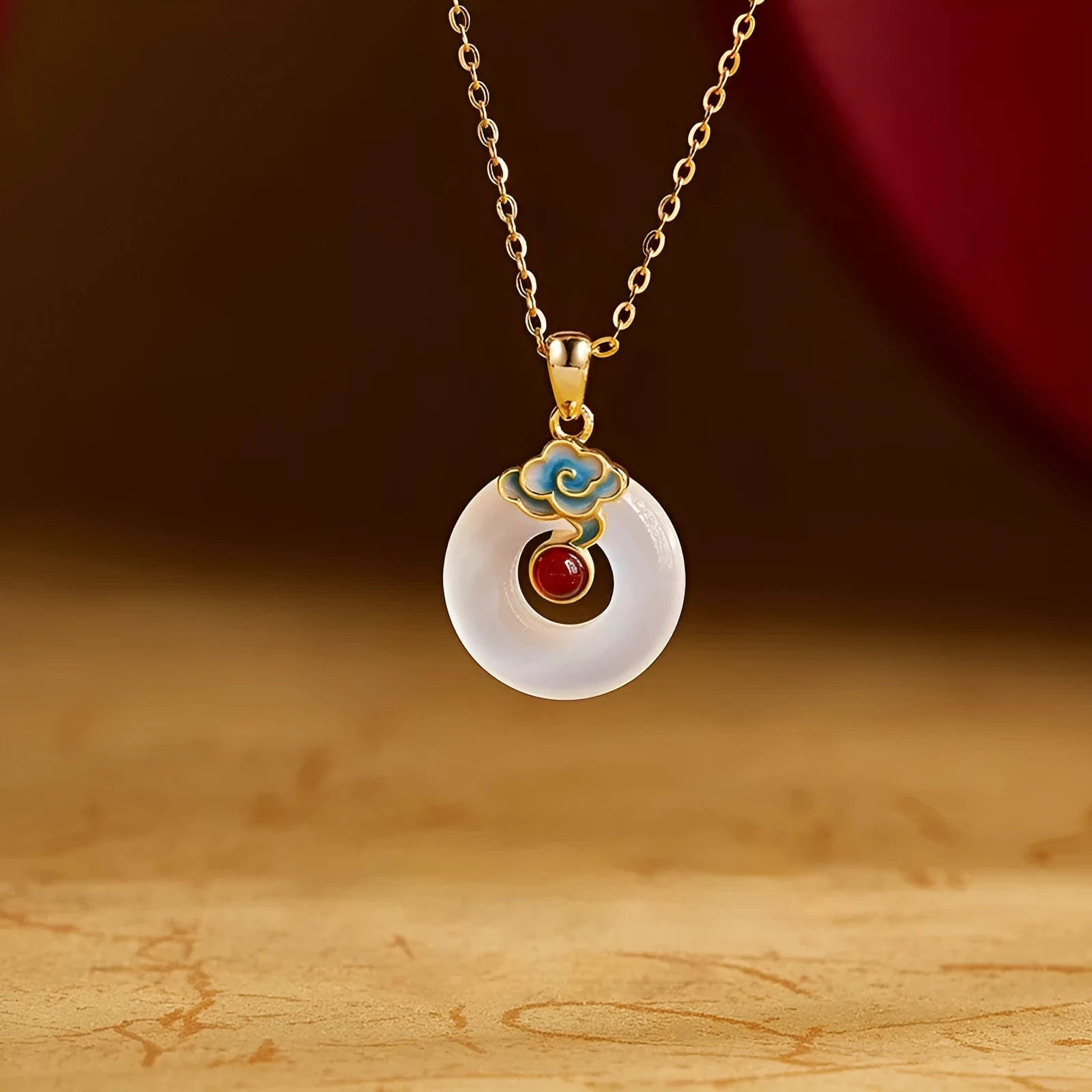 925 silver pendant necklace with cold enamel red agate and white chalcedony stones safety buckle clasp on white background