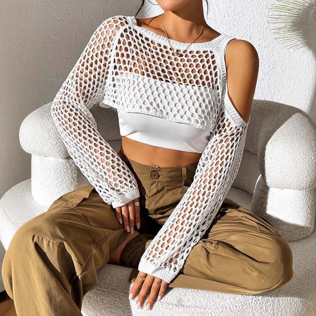 Imitation cotton mesh shirt with a hollowed navel design in a free size, shown in a selected colour.