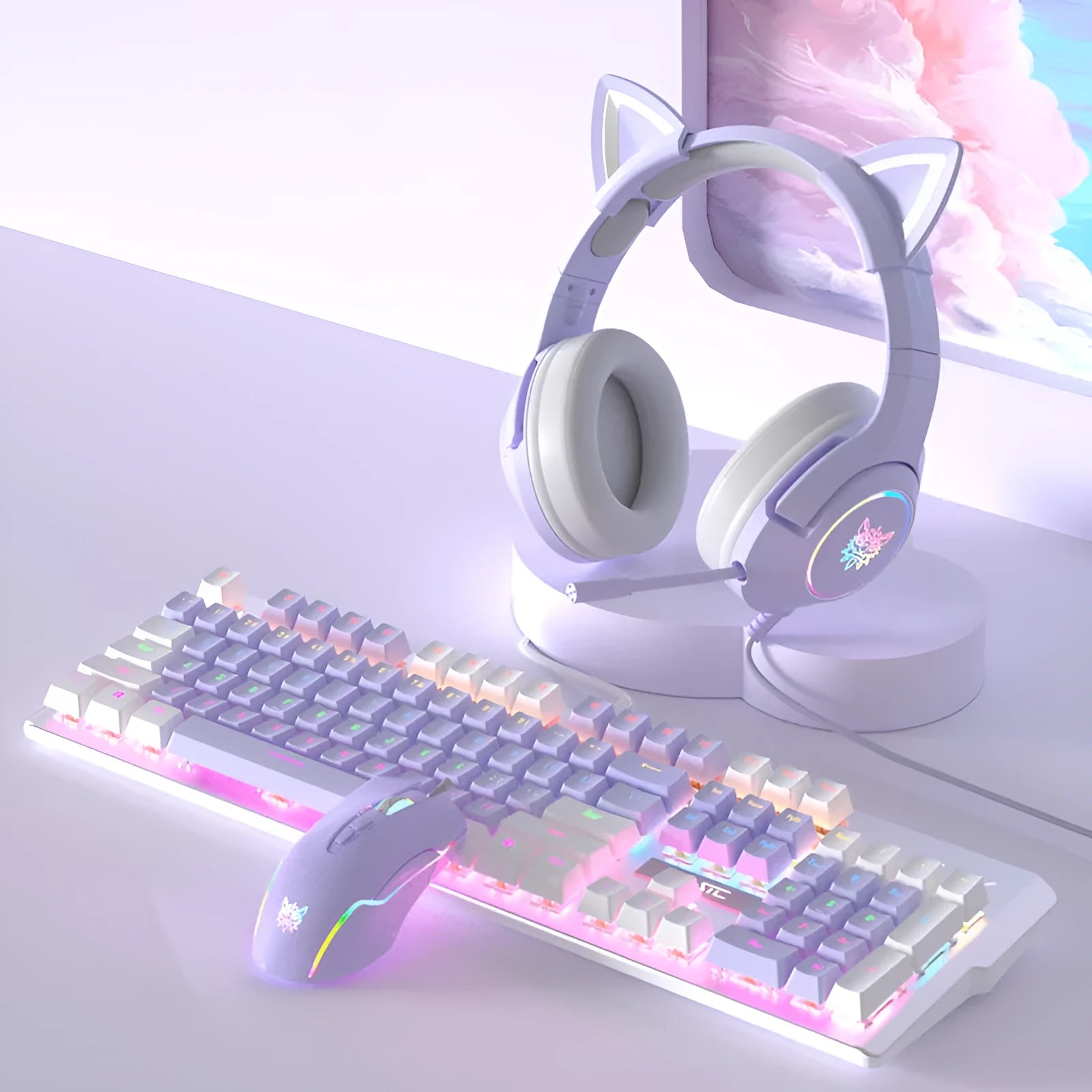 Purple and white mechanical keyboard and mouse set with backlit keys