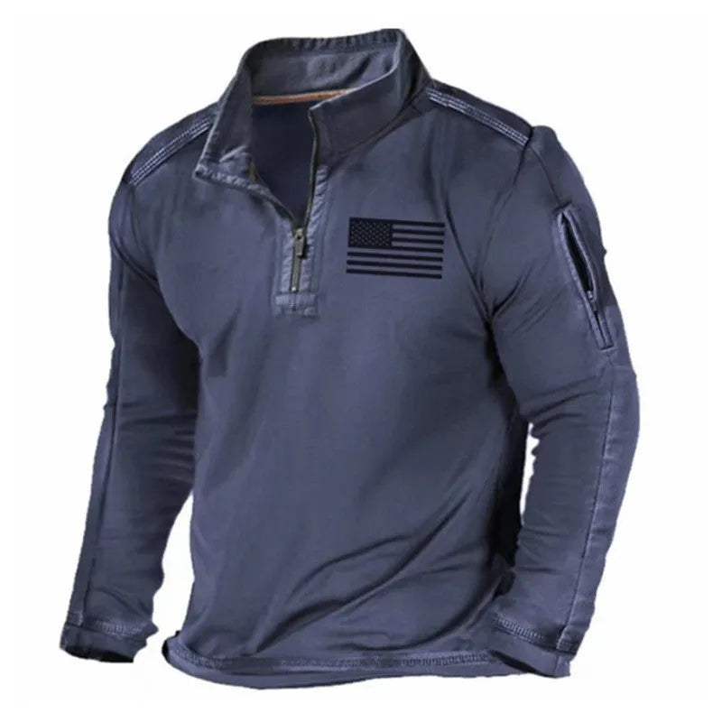 Men's black zip-front long-sleeved sweater with a stand collar on a hanger.