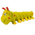 Yellow caterpillar-shaped dog rubber squeaky toy measuring 25.5cm long