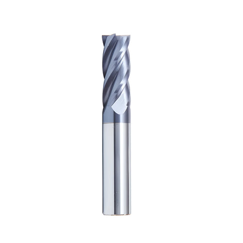 Carbide milling cutter with straight shank and spiral cutting edge showing four-slot design