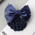 Professional hair clip ornament with a bow and net design on a hair net bag.
