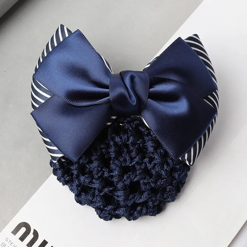 Professional hair clip ornament with a bow and net design on a hair net bag.