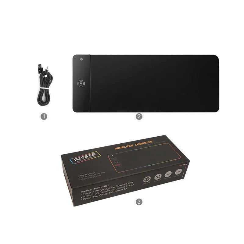 Wireless charging RGB luminous mouse pad, 300x800x4mm, rubber and cloth, 10W charging, with data cable and colour box
