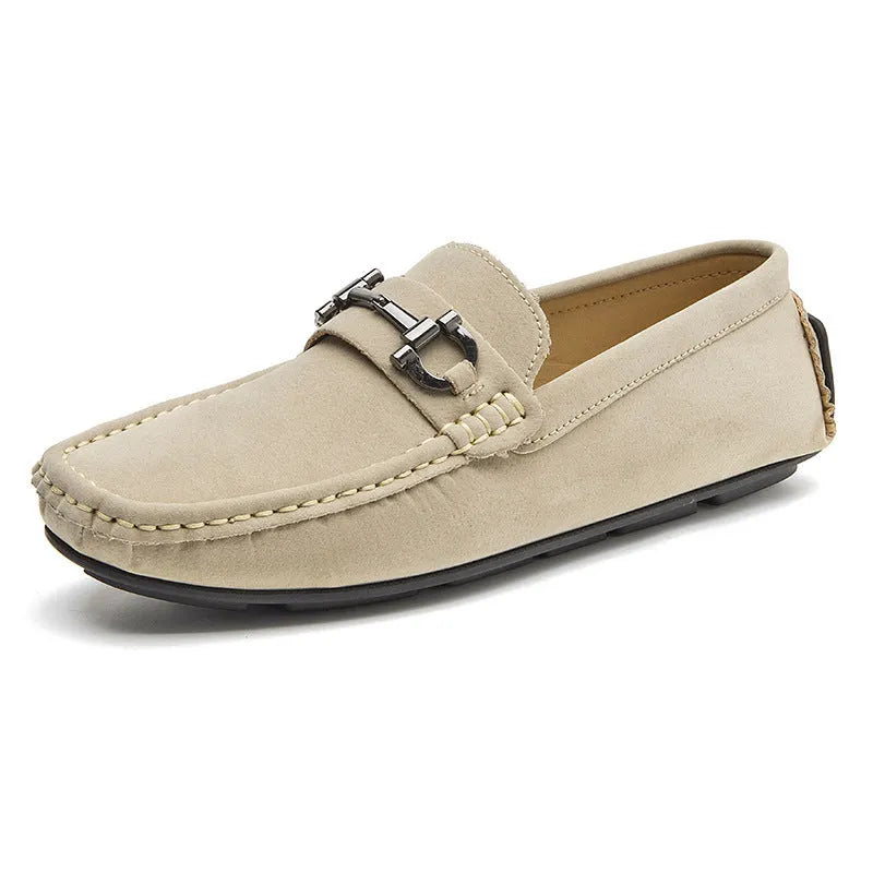 Men's casual slip-on Doug shoes in black, brown, or beige with two-layer cowhide upper, leather lining, and rubber sole.
