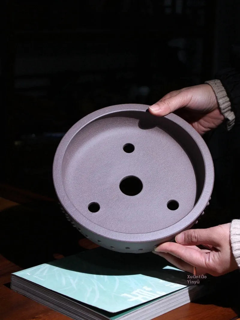 Handmade Yixing fine zisha drum nail round mouth flowerpot in raw ore green plaster non-porous finish