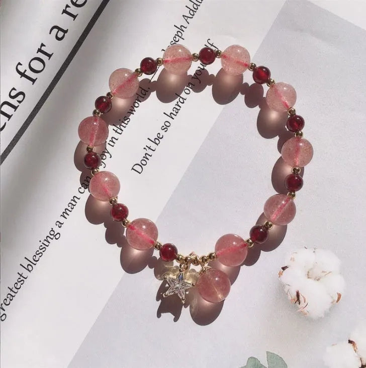 Handmade strawberry quartz crystal bracelet with green quartz moon charm for women