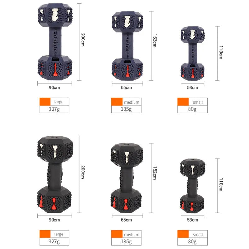 Black or blue hollow dumbbell-shaped dog chew toy with a textured surface for aggressive chewers.