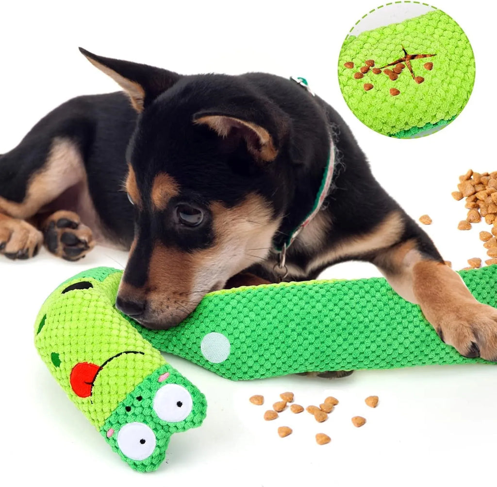 Transformable snail and stick shaped dog puzzle toy with squeaker and hidden food holes.