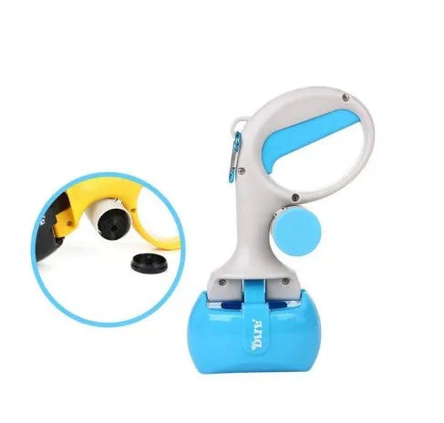 Yellow 2 in 1 portable pet toilet picker made from ABS plastic with curved hand grip and tooth-shaped notches on a white background