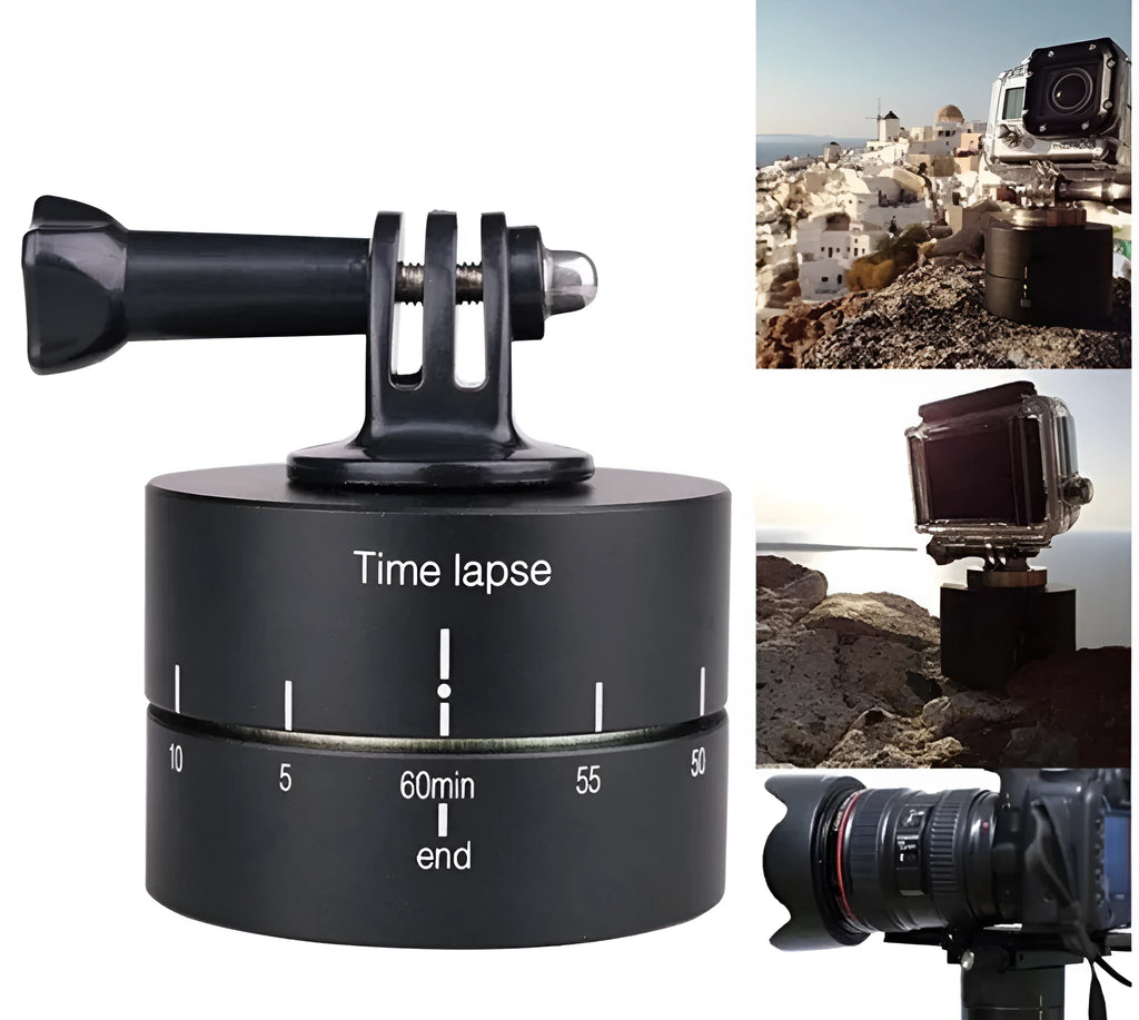 360-degree auto rotate camera tripod head base compatible with Lapse, GoPro, SLR, and iPhone cameras