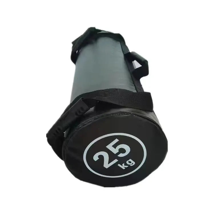 White PVC fitness sandbag for weight training, shown with weight options from 5 to 30 kilograms.