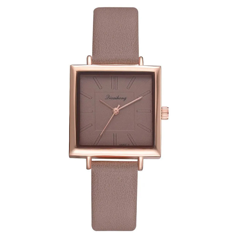 Square women leather crystal quartz wrist watch with glass dial in multiple colours