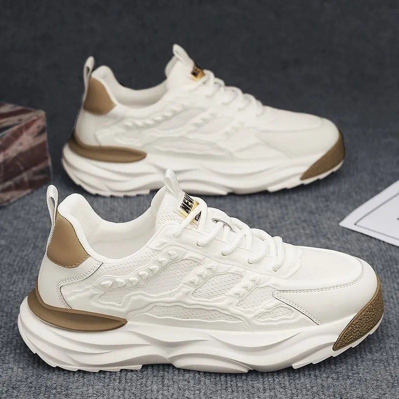 Men's breathable mesh shoes with PU upper and round toe in white or black