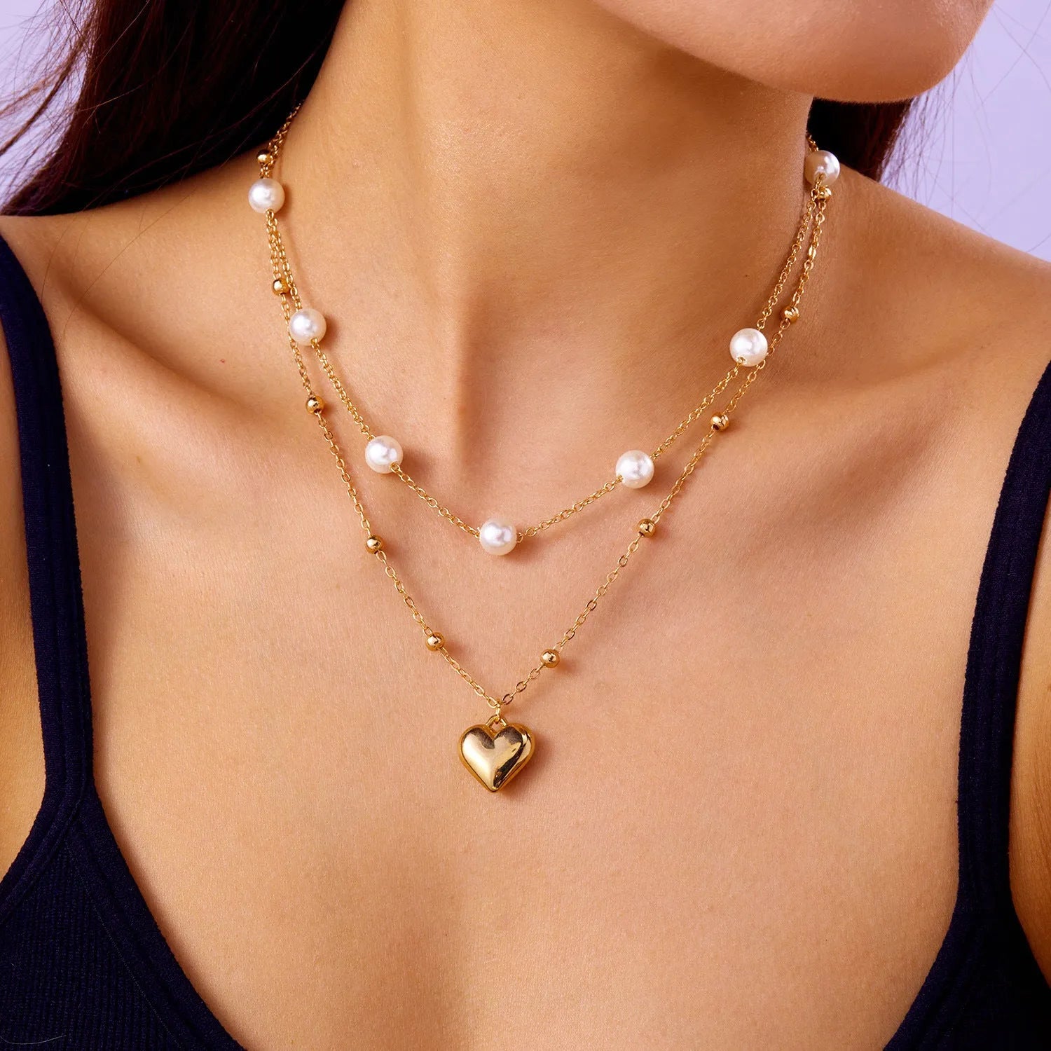 Multi layer alloy necklace set with shell and starfish pendants, electroplated finish, Love heart colour, regular chain