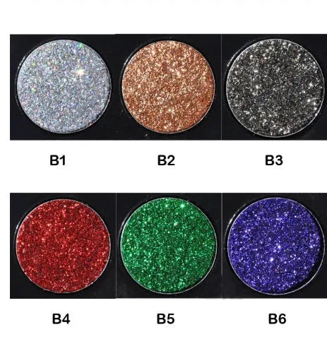 Sequin eye shadow tray with six colours, 10 cm by 7.8 cm by 0.9 cm compact palette