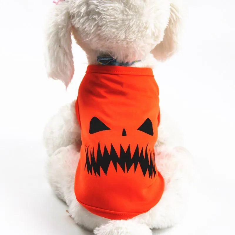 Orange Halloween pet pumpkin clothes costume shirt for cats and small to medium dogs, Grimace or Smiley style