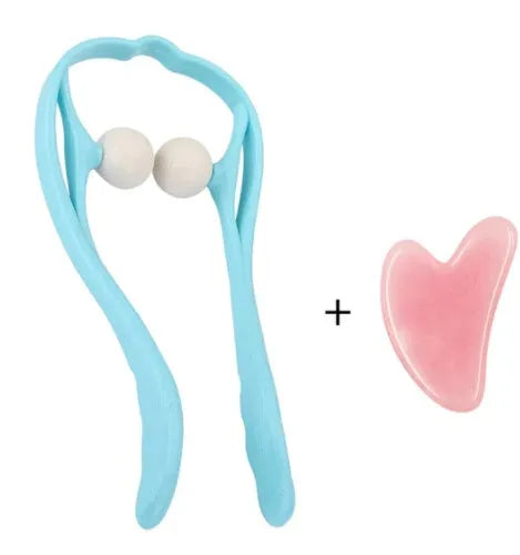 Blue plastic handheld neck and shoulder massager with adjustable stand and removable soft head on a white background.