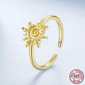 S925 sterling silver ring with 14K gold plating, sun motif, adjustable open mouth, colour BSR709-E