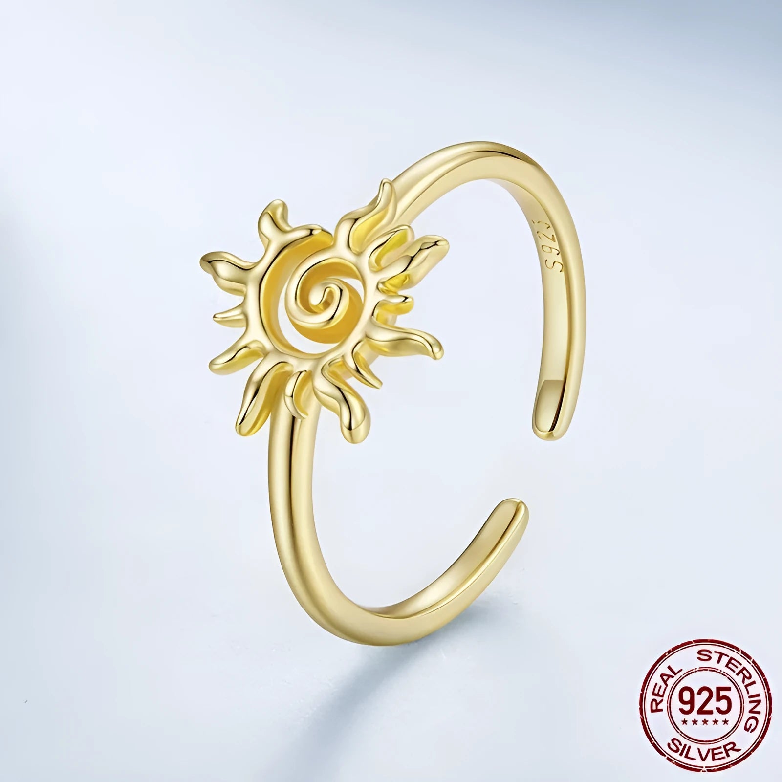 S925 sterling silver ring with 14K gold plating, sun motif, adjustable open mouth, colour BSR709-E