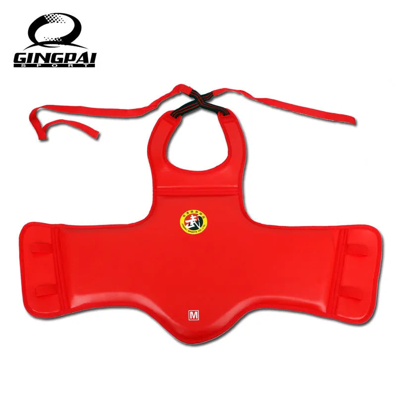 Red boxing helmet and one-piece chest protector set for training and competition