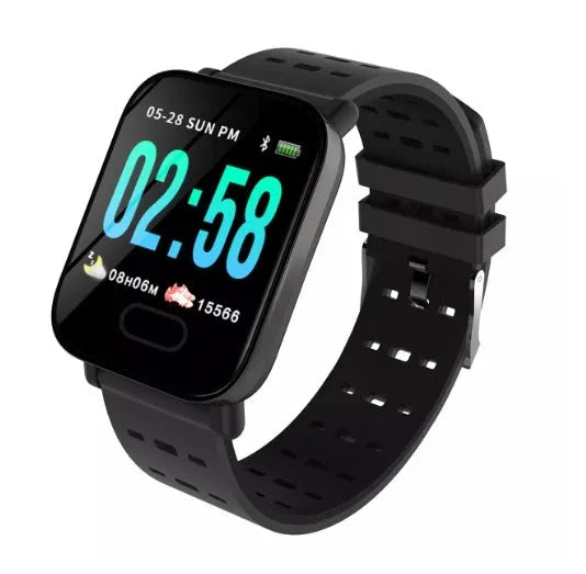 A6 smart fitness tracker with colour screen and blue silicone strap on a wrist