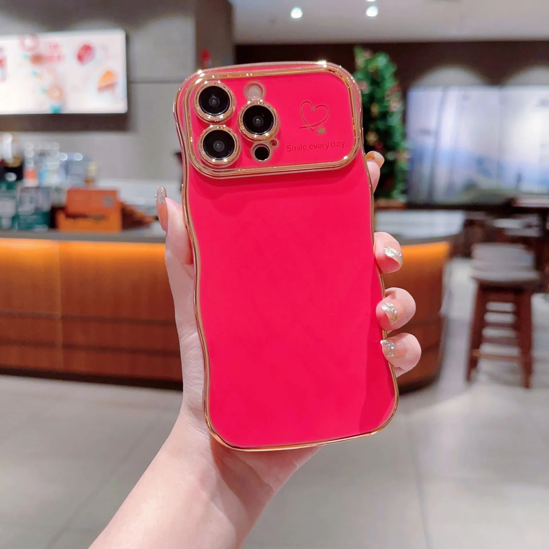 Electroplating wave love large window TPU phone case for iPhone, black colour, back view showing decorative wave pattern and card slot