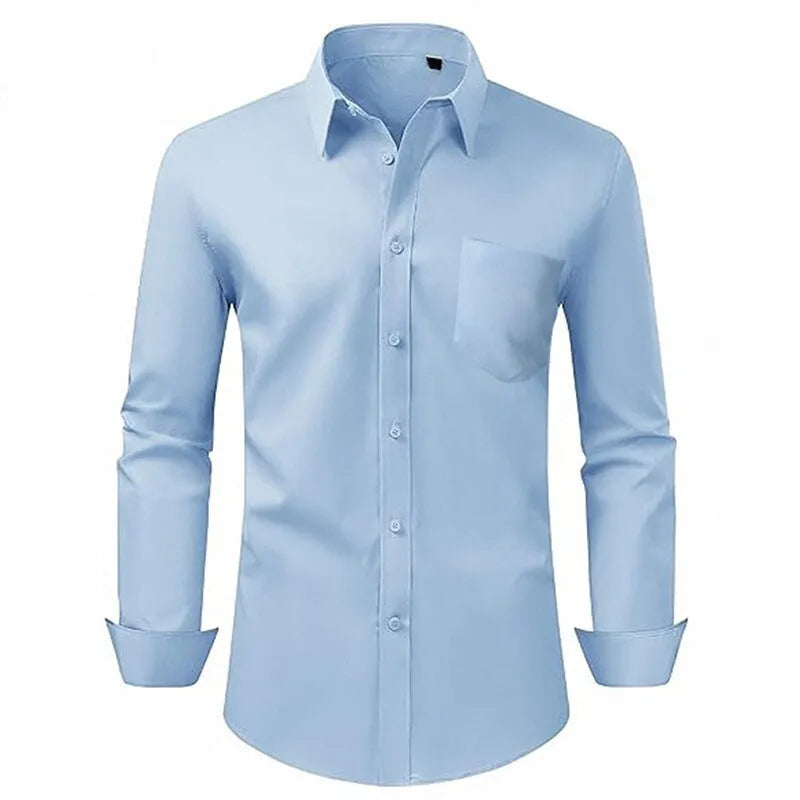 Men's breathable stretch wrinkle-resistant solid colour long sleeve polyester shirt in pearl white
