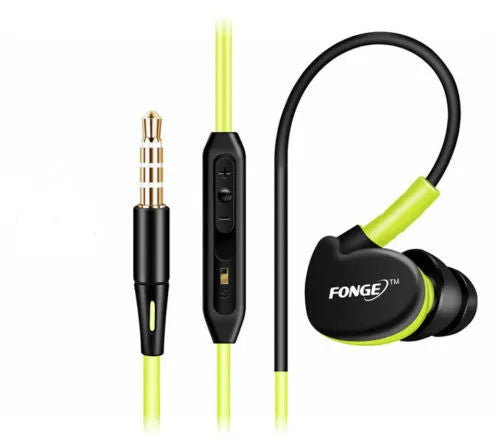 Ear-hook wired sports headset with microphone and 3.5mm plug, black colour, on white background