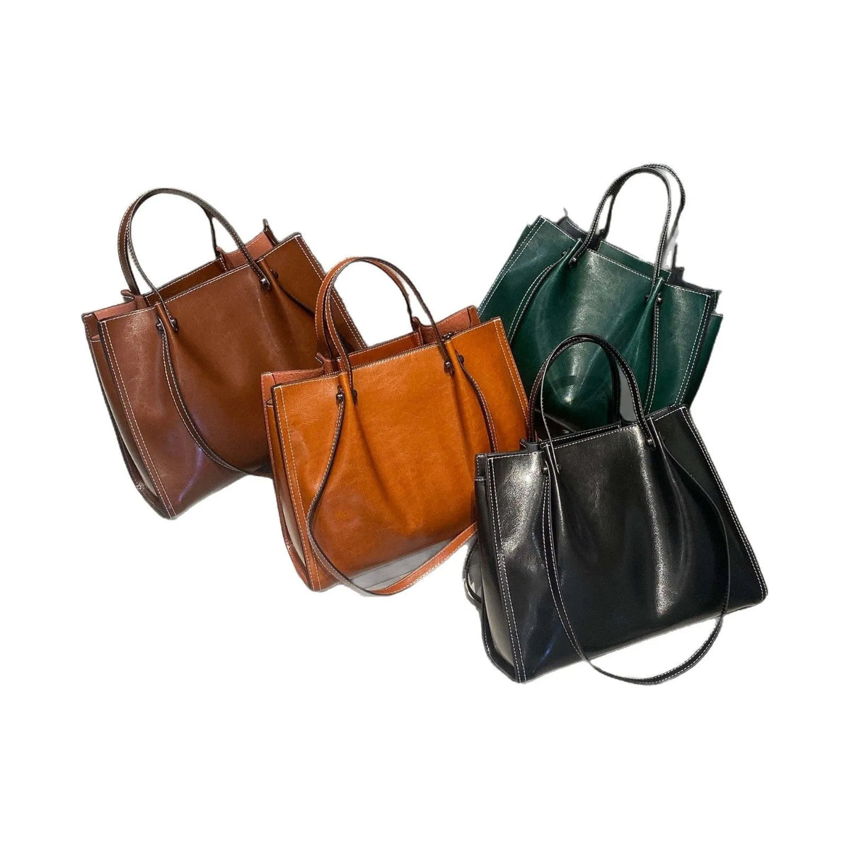 Cowhide leather shoulder bag, soft horizontal square 32x13x26cm, inner patch pocket, splice detail, four colours