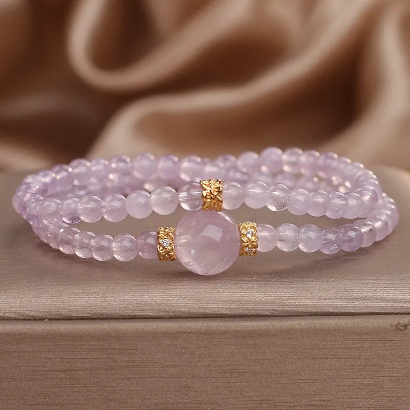 Natural amethyst double ring bracelet in light purple with crystal base, women's style