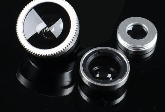 Mobile phone fisheye lens three-in-one kit with fisheye, wide-angle, and macro attachments in various colours