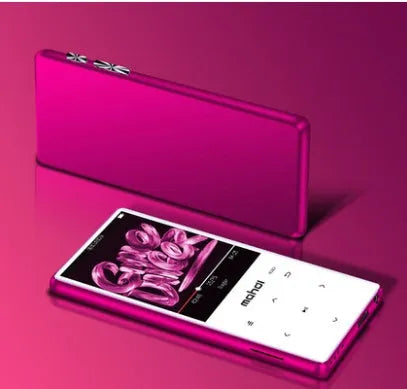 Portable black MP3 MP4 player with 2.4-inch touch screen showing music interface, placed next to wireless headphones.