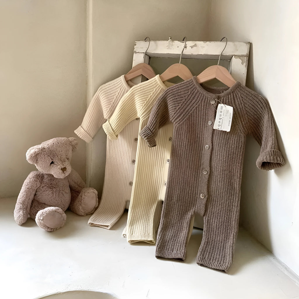 Cotton long one-piece knit baby bodysuit, unisex, single breasted, beige or light coffee, sizes S-XL, optional hat