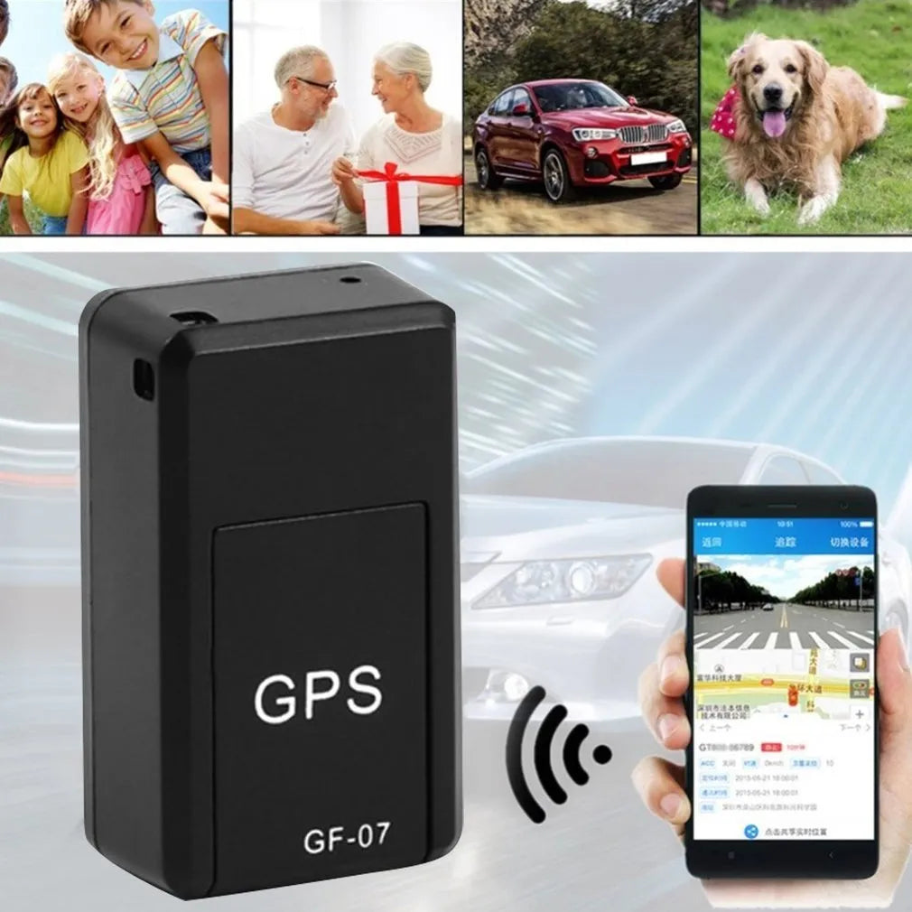 Small black magnetic GPS tracker device with USB cable for real-time vehicle and asset location tracking.