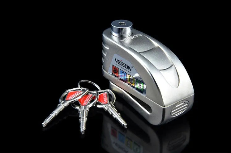 VEISON waterproof alloy disc brake alarm lock with 3 keys in black colour on a white background
