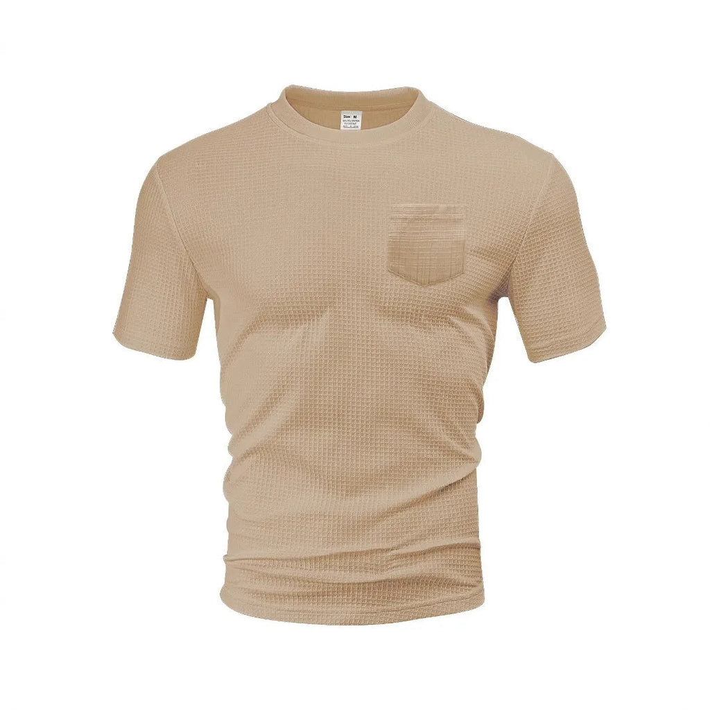Men's loose casual short-sleeved T-shirt with pockets, large waffle fabric, grid pattern, available in seven colours and sizes S to XXXL