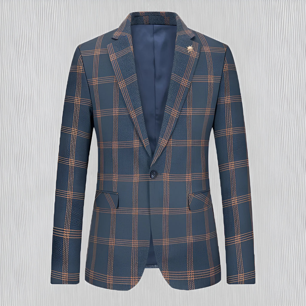 Men's slim fit casual suit coat in navy blue on a hanger, front view with two buttons and notch lapels