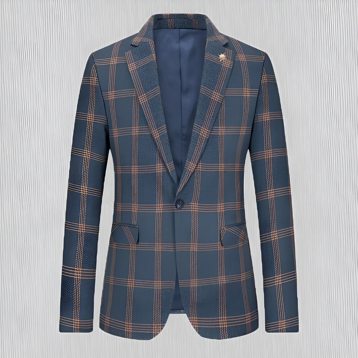 Men's slim fit casual suit coat in navy blue on a hanger, front view with two buttons and notch lapels