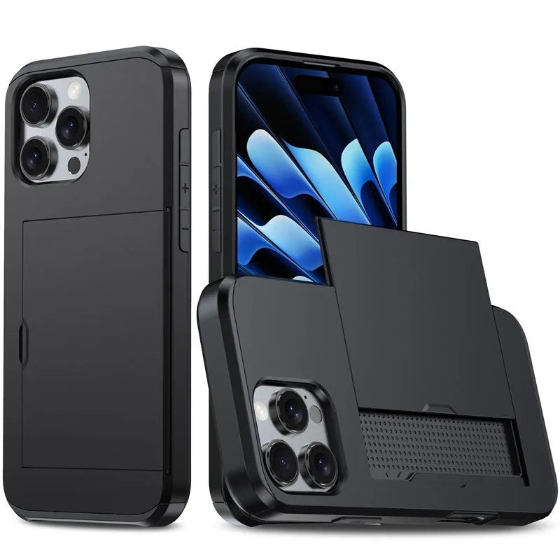 Two-in-one mobile phone case with sliding card holder for iPhone 16, TPU PC anti-drop protective case, available in Black