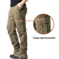 Men's multi-pocket 100% cotton cargo pants in khaki, mid waist with zipper fly, size M-5XL