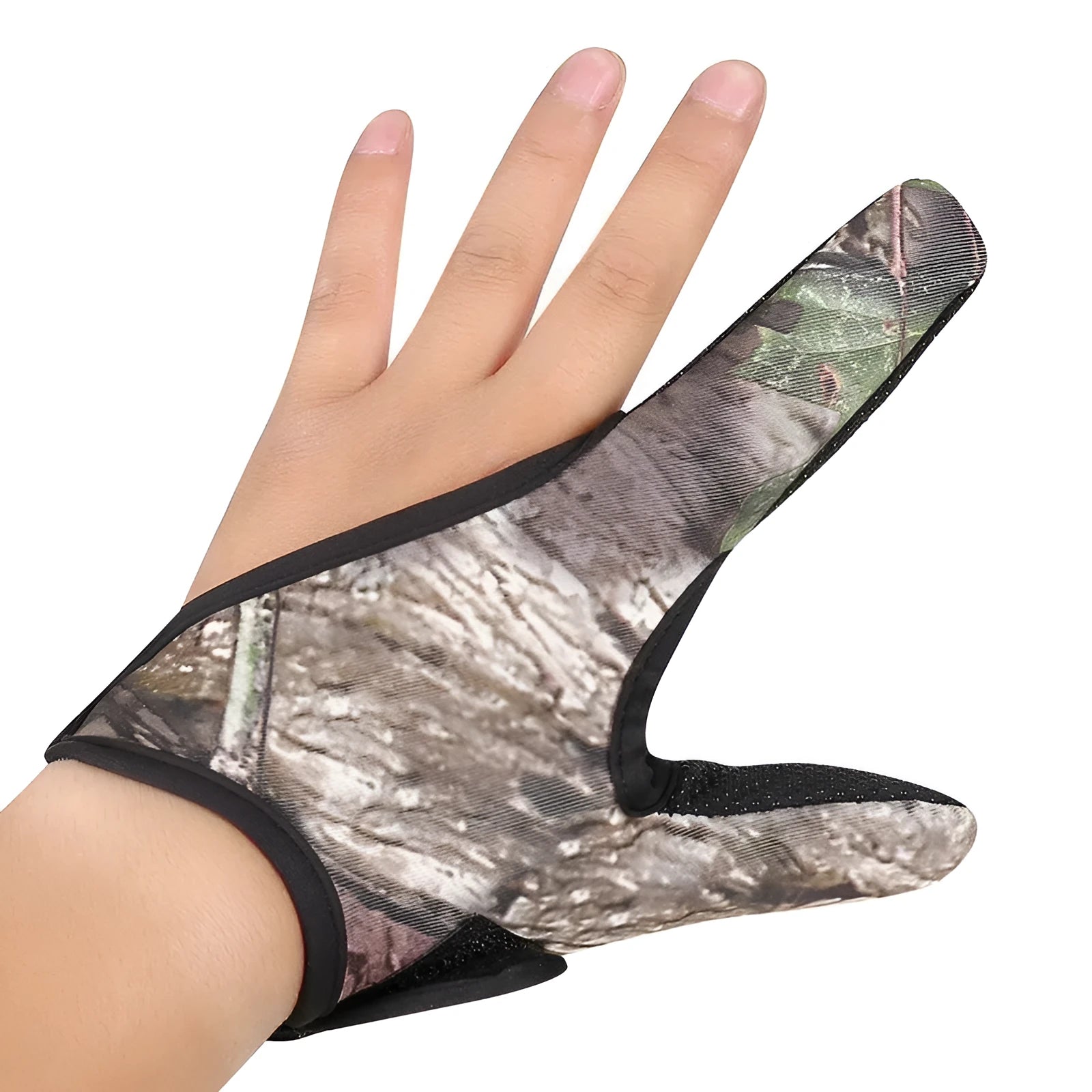 Single fishing glove showing two-finger design, microfiber palm, and diving cloth back.