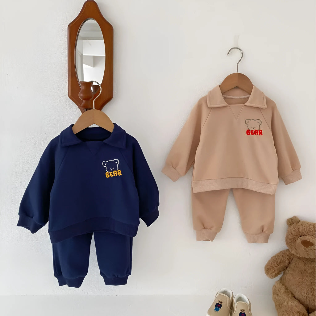 Baby bear lapel sweater two-piece set in sapphire blue or khaki beige, cotton shirt and pants outfit, sizes 66cm to 100cm