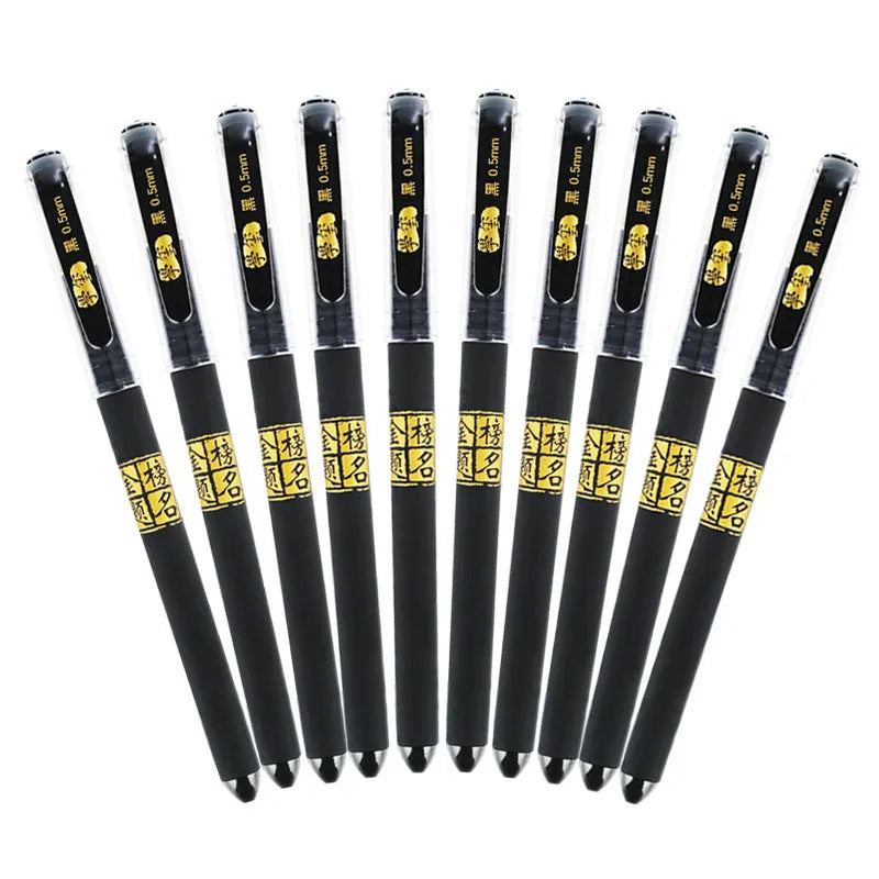 Set of eight carbon black gel pens with plastic bodies, showing bullet and needle tip options