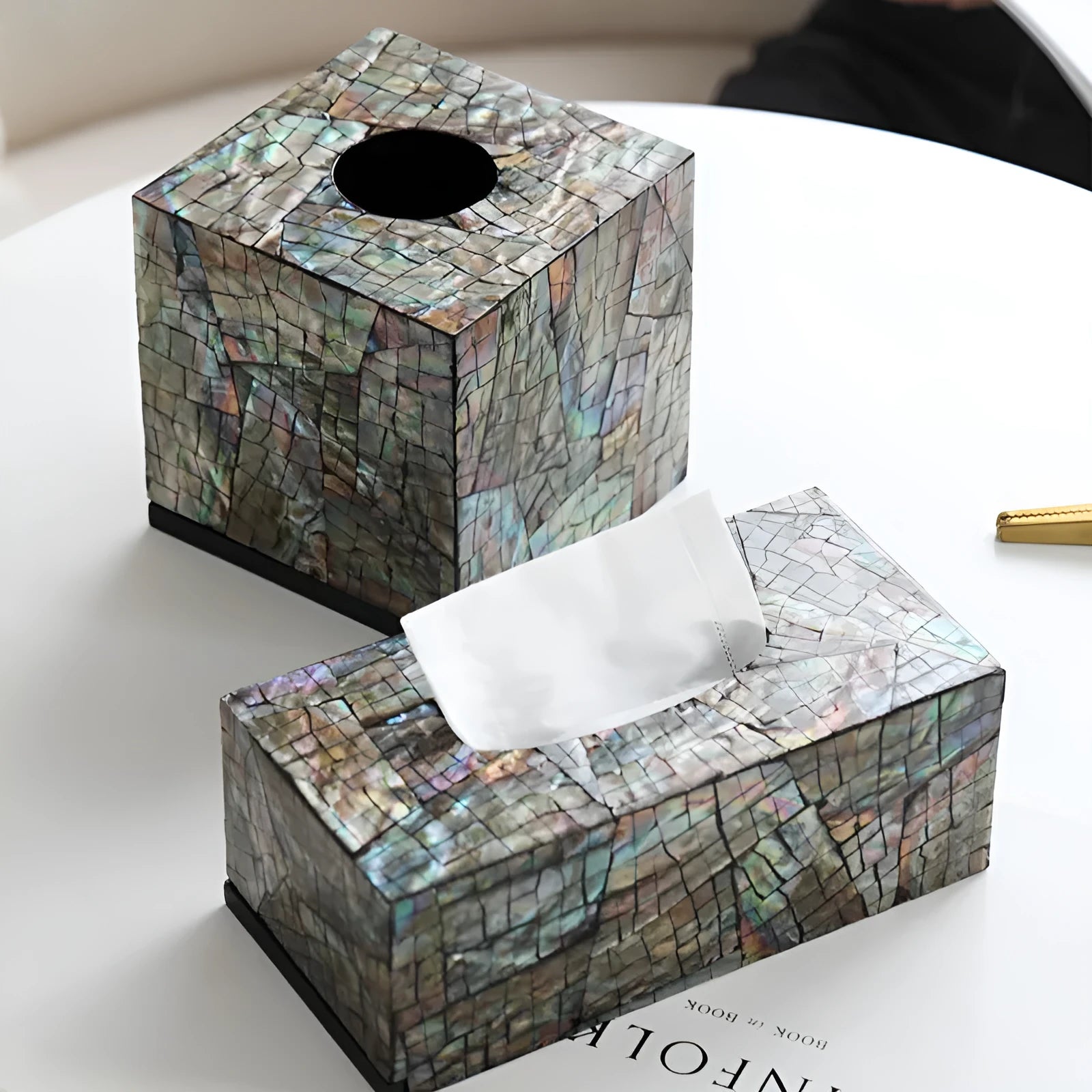 Black natural shell decorative storage box with removable tray for tissue box organisation.
