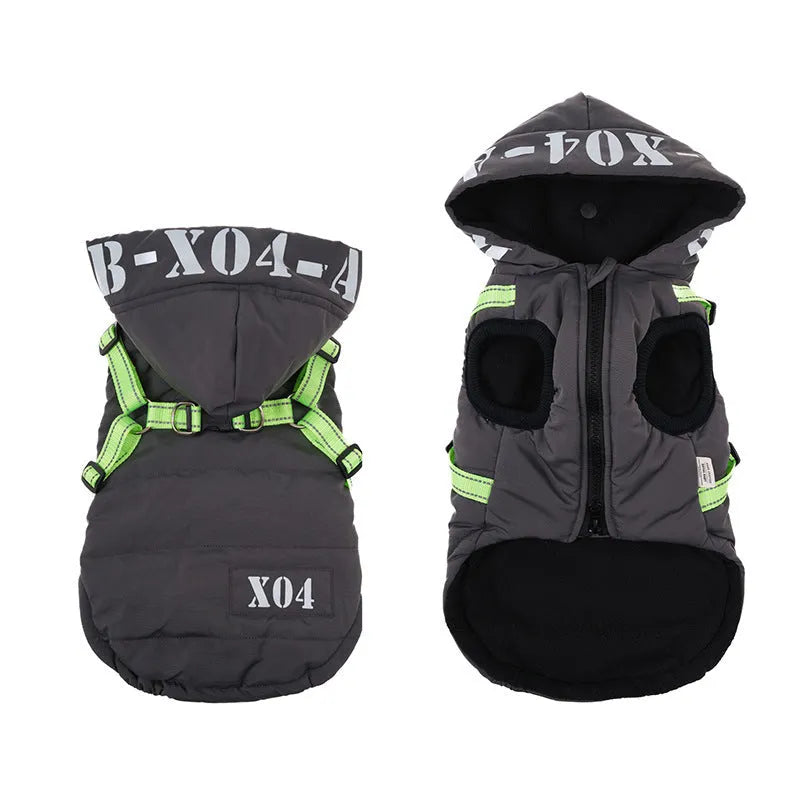 Red fleece-lined waterproof dog jacket with hood on a medium-sized dog during winter