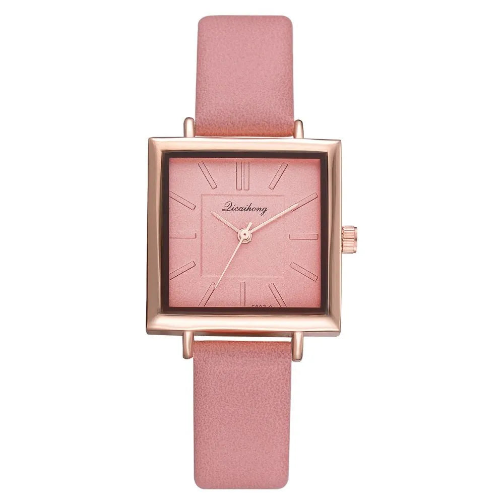 Square women leather crystal quartz wrist watch with glass dial in multiple colours