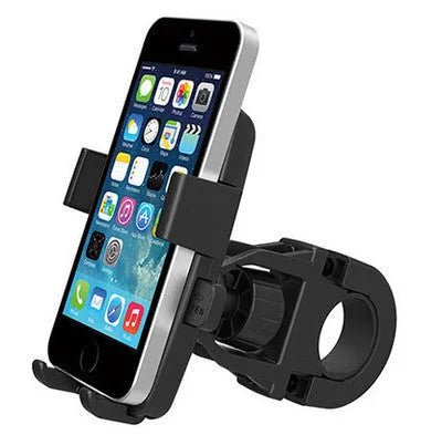 Black ABS plastic bicycle handlebar phone mount with a security strap, holding a smartphone.