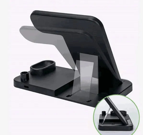 4-in-1 wireless charging dock showing iPhone, Apple Watch, AirPods and Apple Pencil charging simultaneously on adjustable stand.